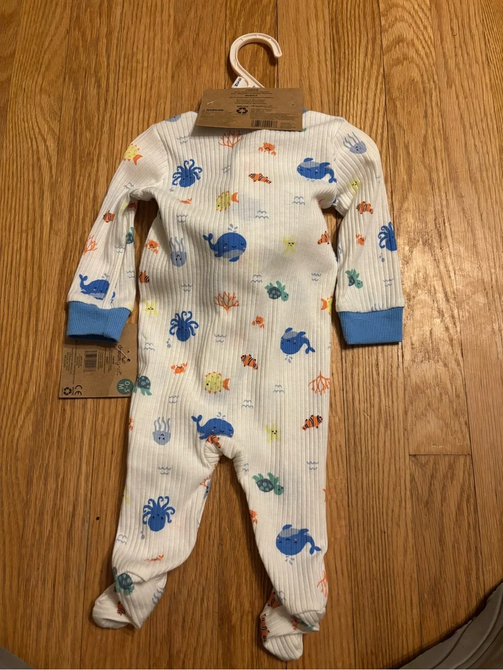 Blue Ocean Print Baby One-Piece with Whale Rattle